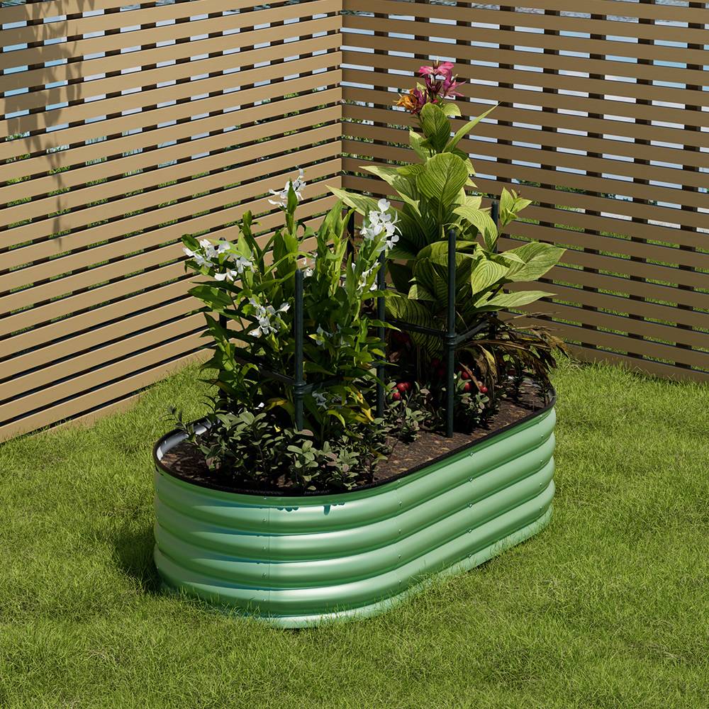 160/240/320cm W X 80cm D X 42cm H Green Raised Garden Bed With Safety Edging & Ground Stakes Oval Galvanized Steel Planter For Backyard Gardening | Small | Light Green