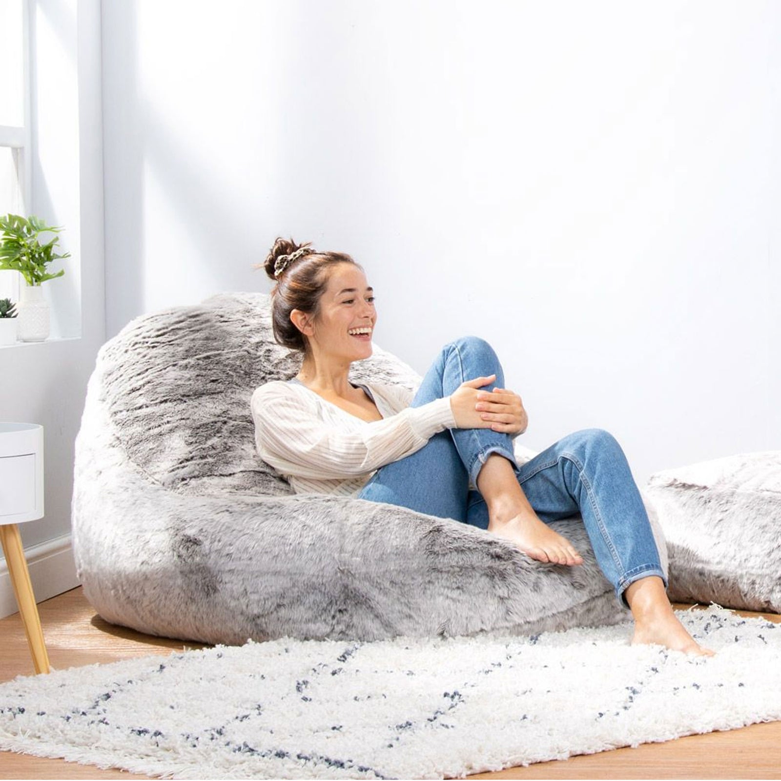 Faux Fur Bean Bag Lounger Giant Bean Bag Chair, Grey