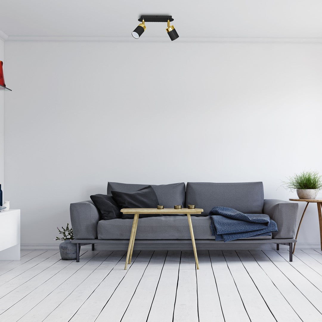 Joker Hand Made Ceiling Lamp In Matt Black With Luxurious Gold Detail Featuring 2 Minmalistic Slender Cylinder Shades