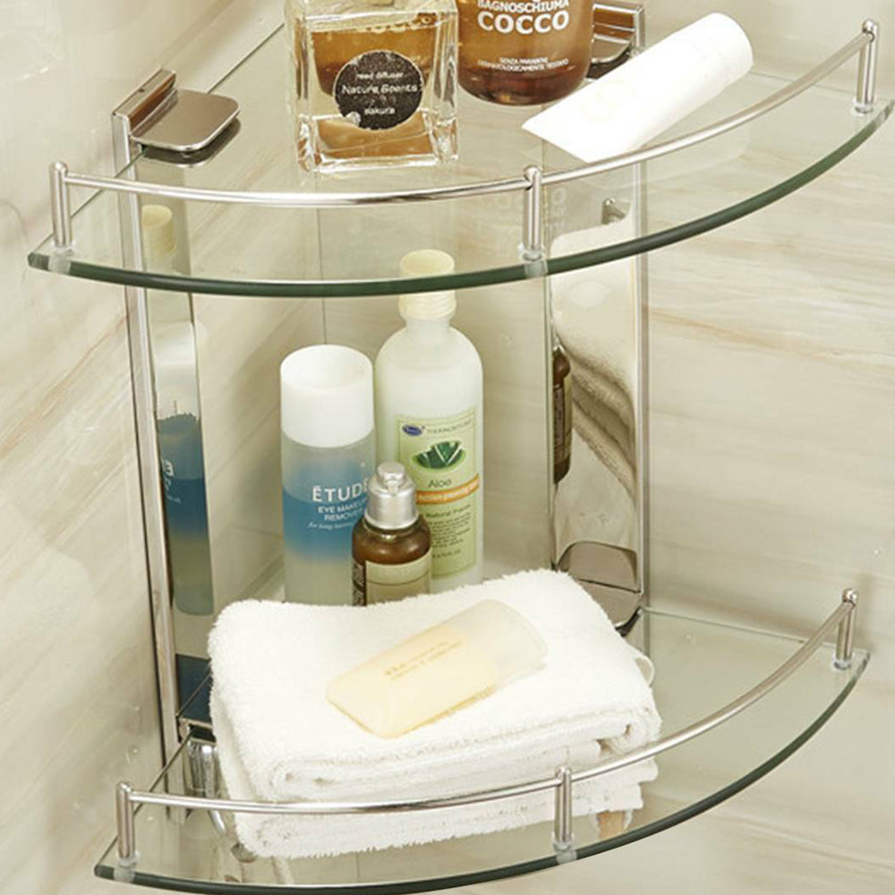 2-tier Tempered Glass Corner Shelf Bathroom Wall Mounted