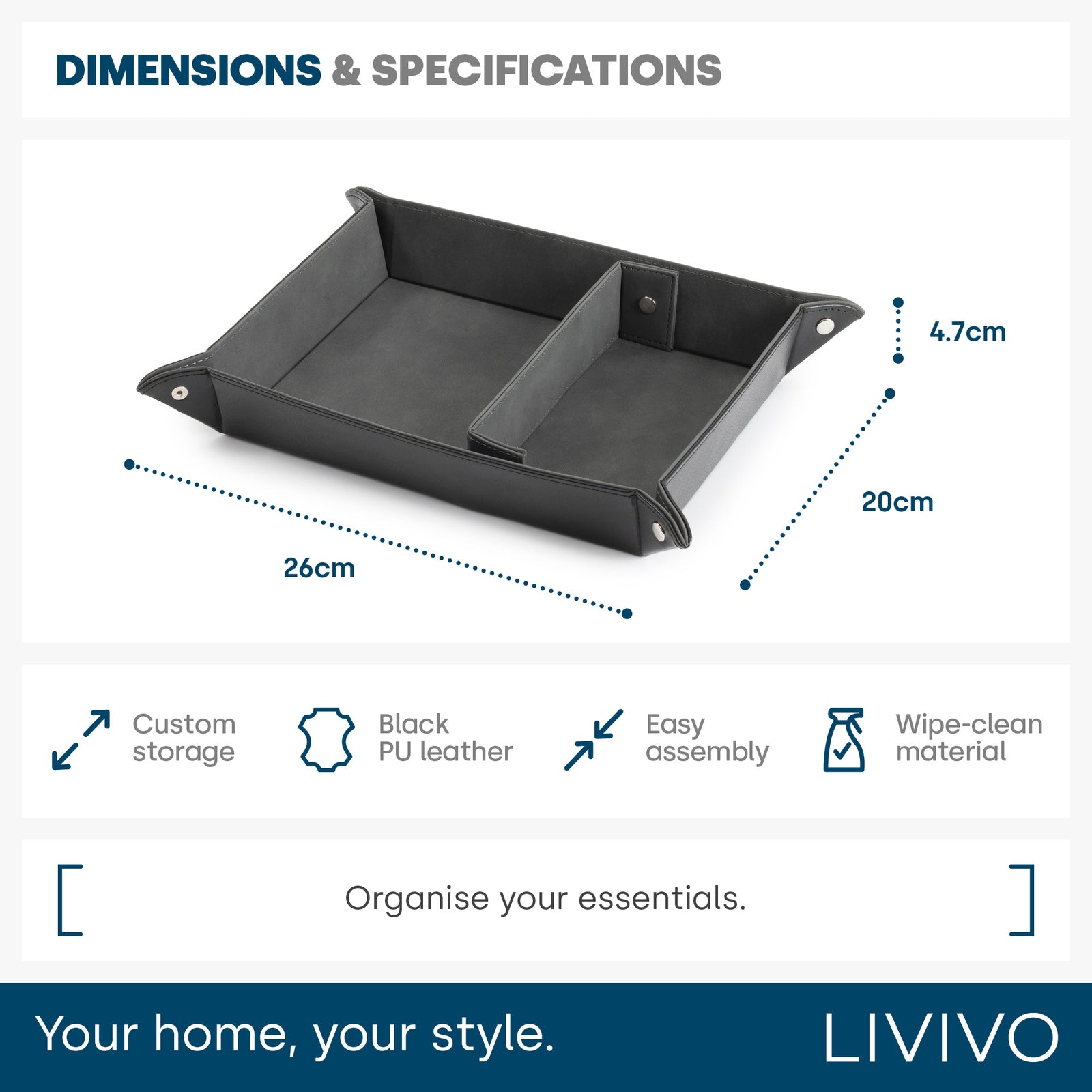 Black Valet Tray Organiser Leather Foldable Storage For Everyday Items