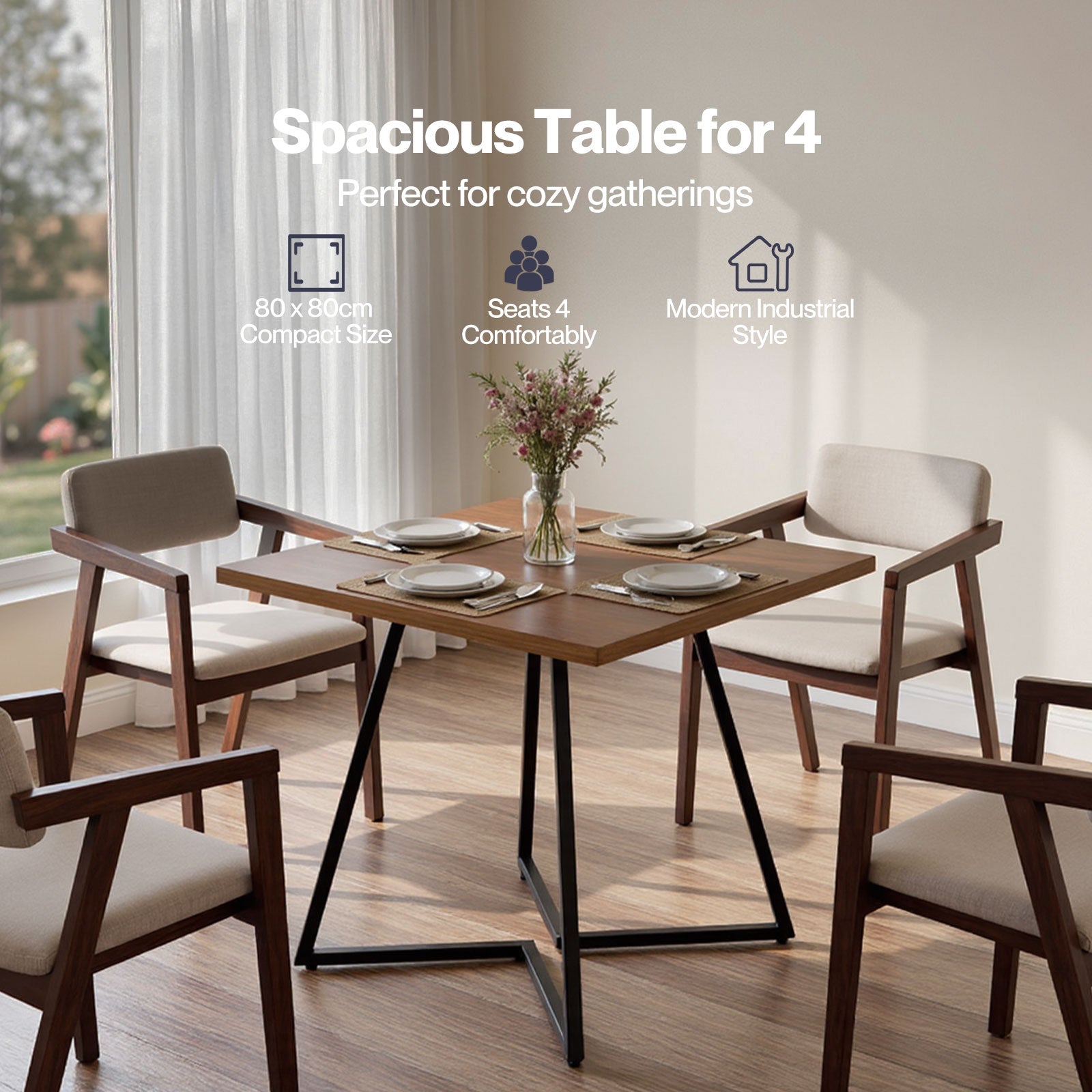 Dining Table Square Dining Table 80cm 25mm Metal Frame Mdf Walnut | Brown
