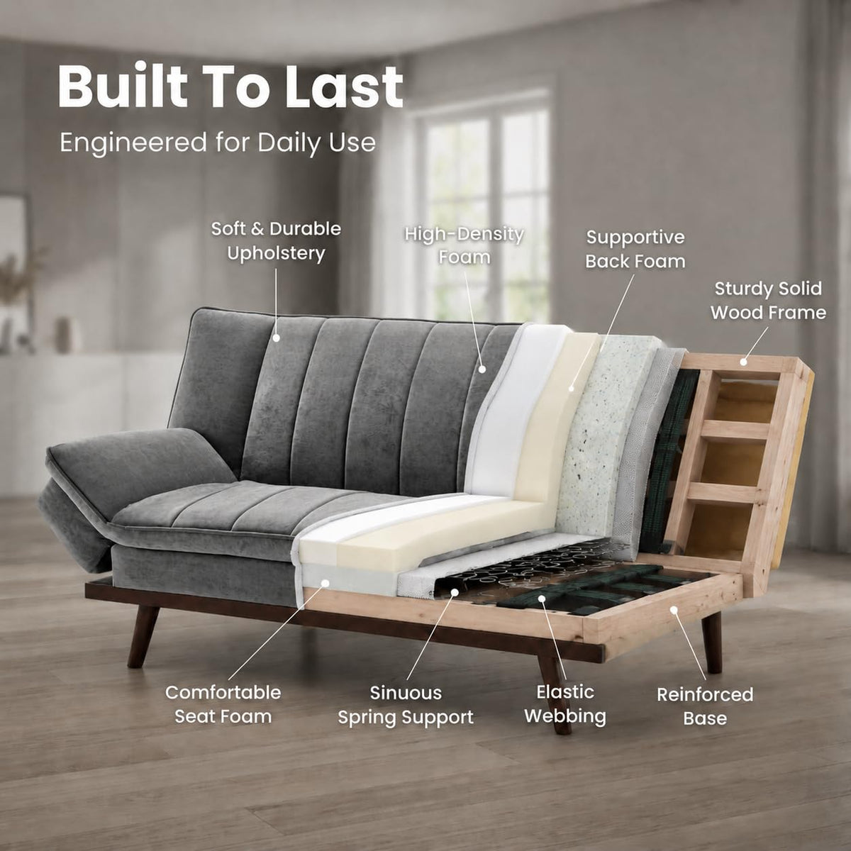 Mondaine Velvet Sofa Bed 3 Seater | Grey