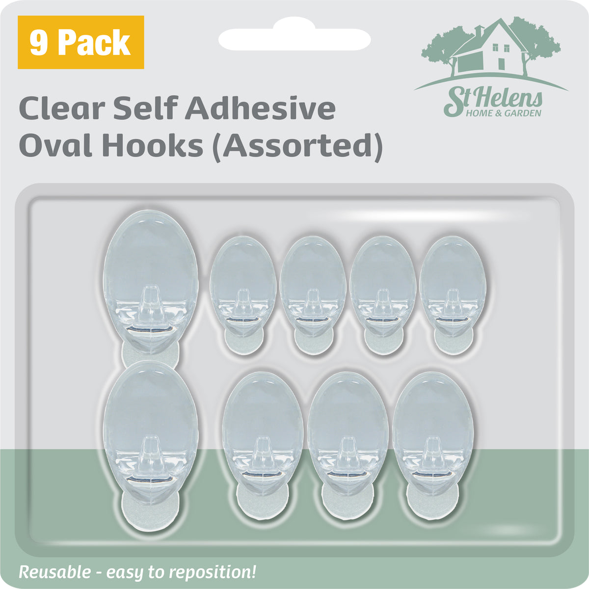 St Helens Assorted Self Adhesive Oval Shaped Plastic Hooks (pack Of 9)
