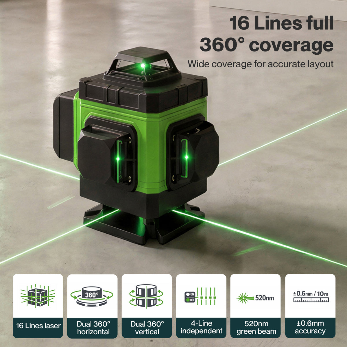 16 Line Laser Level 4d Green Cross Line Self Leveling Rotary Measure | Green