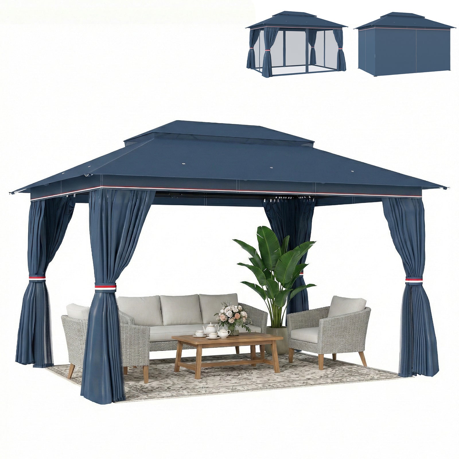 3 X 4 M Outdoor Garden Gazebo With Upf50+ Double roof | Dark Blue