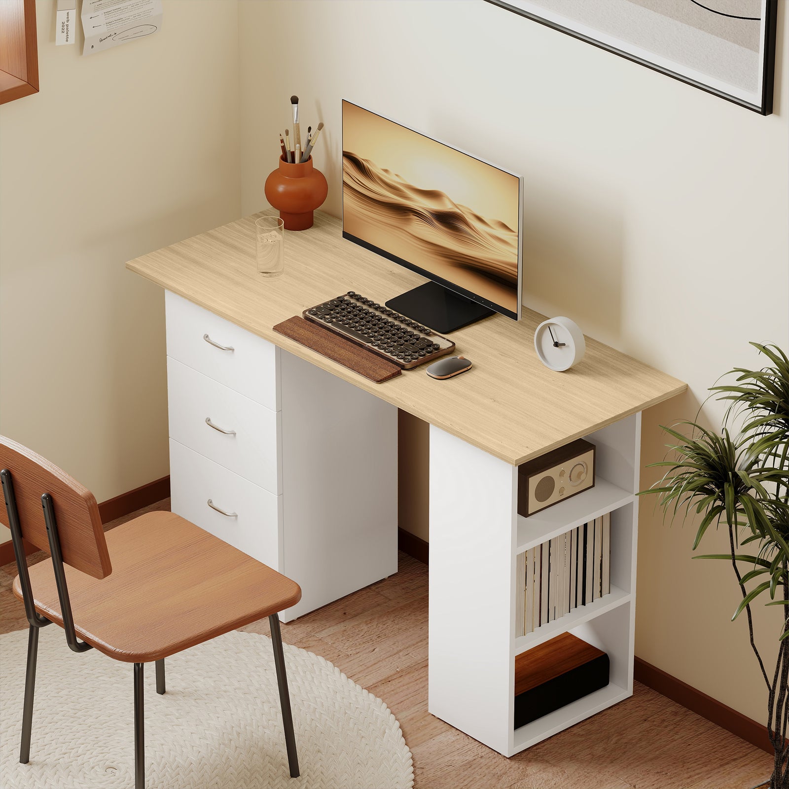 120cm Computer Desk, Study Table With 3 Shelf & Drawers | Natural