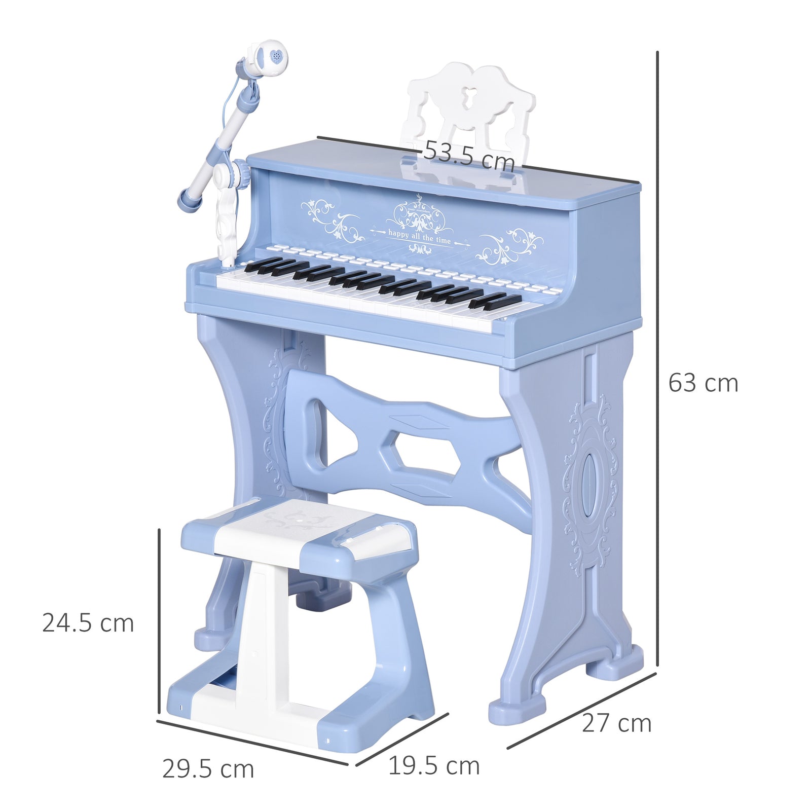 37 Key Keyboard Battery Piano Kids Microphone Stool Educational Game | Blue