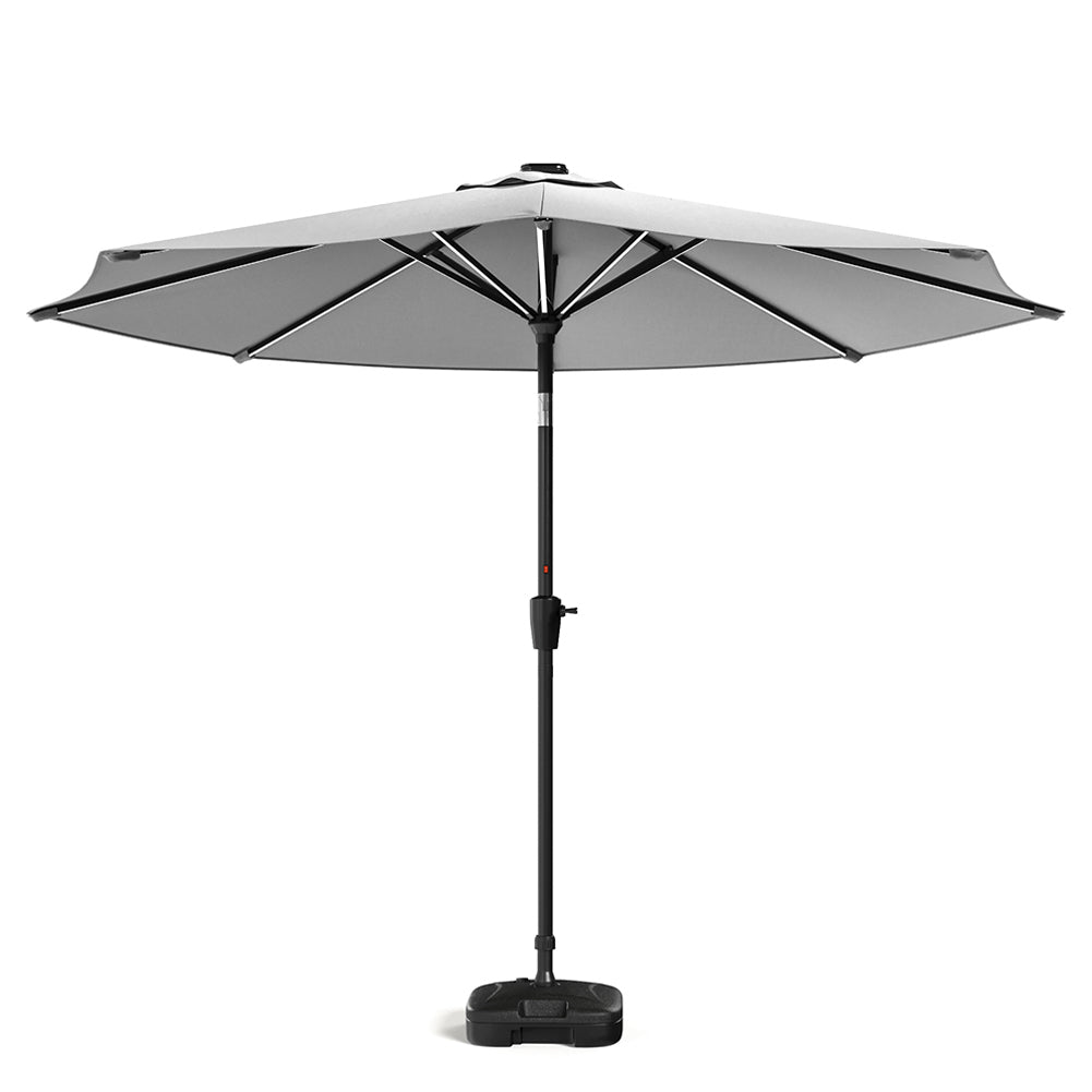 3m Solar Led Patio Umbrella, Outdoor Parasol With 16 Led Tubes, Crank Lift & Push Button Tilt With Fillable Base | One Size | Light Grey