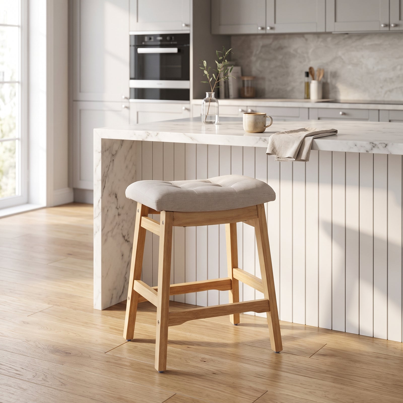 Breeins Set Of 2 Chenille Upholstered Bar Stools With Wooden Base