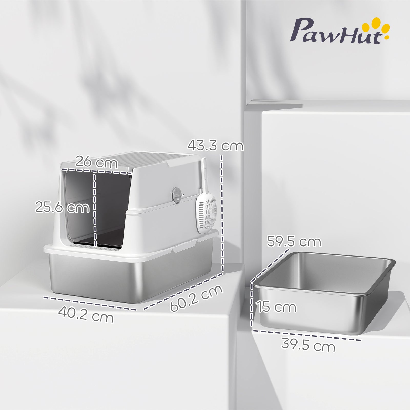 Extra Large Stainless Steel Cat Litter Tray With Scoop, Flip Top | Light Grey