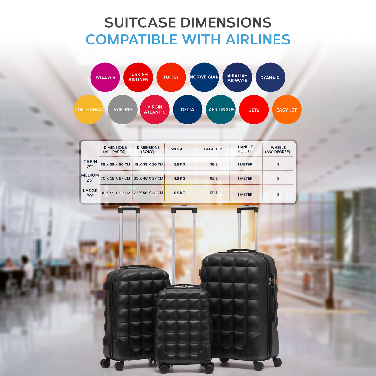 Set Of 3 Hard Case Bubble Design Check-in Size Suitcases Hold Luggage - Overhead Cabin Bag With Medium & Large Check-in 20kg+ Hold Suitcase | Set of 3 | Black