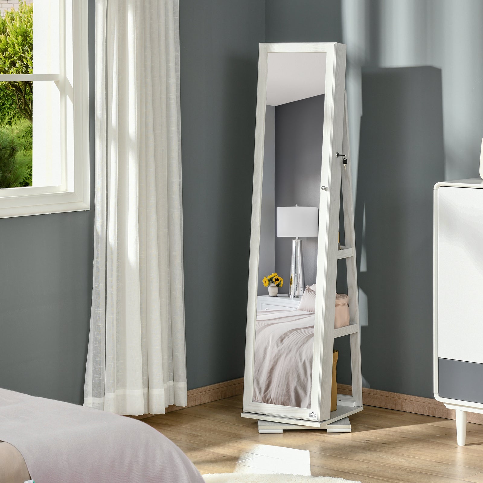 Jewelry Cabinet Full Length Mirror 360° Swivel Lockable | One Size | White