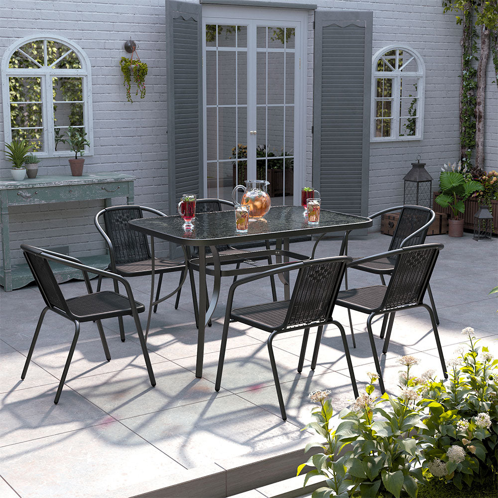 7 Pcs Garden Dining Set Outdoor Tempered Glass Coffee Table With Rattan Chairs