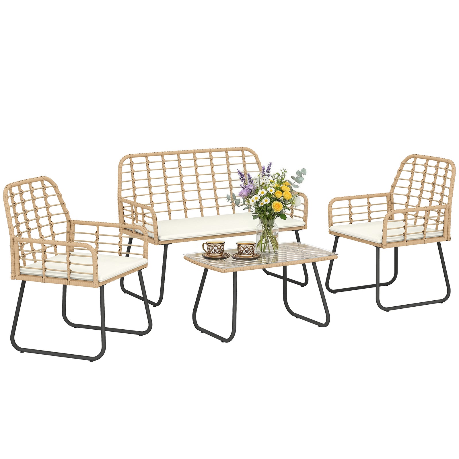 Rattan Garden Furniture Set, 4 Piece Outdoor Patio Furniture | Brown