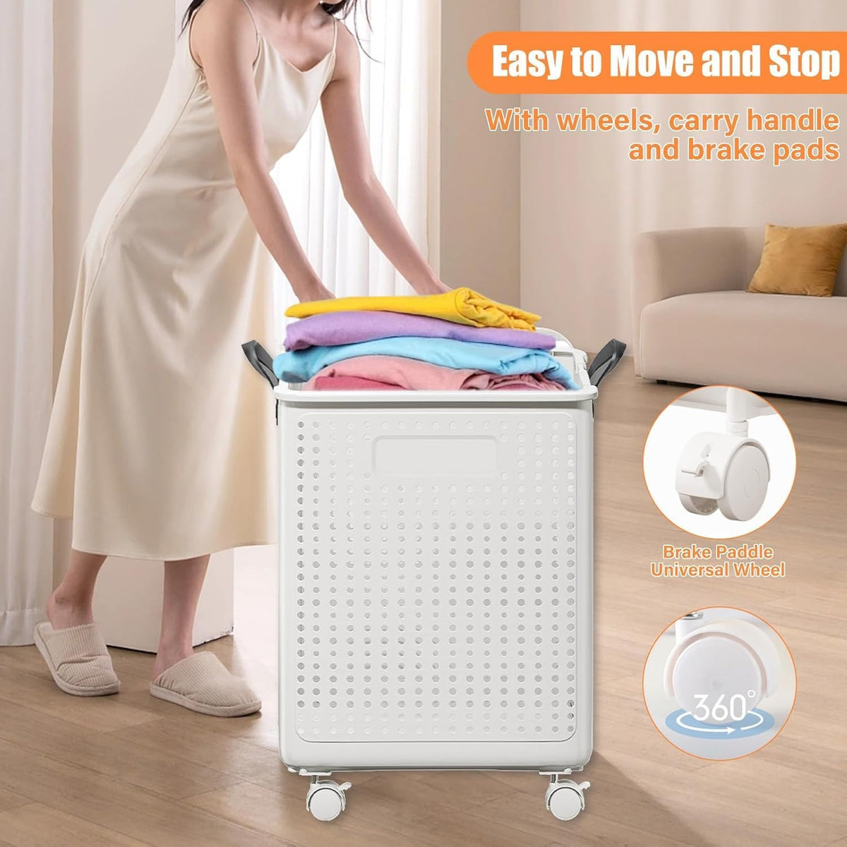 Foldable Laundry Basket 42l Large Heavy Duty Laundry Hamper On Wheels Fold Away | White