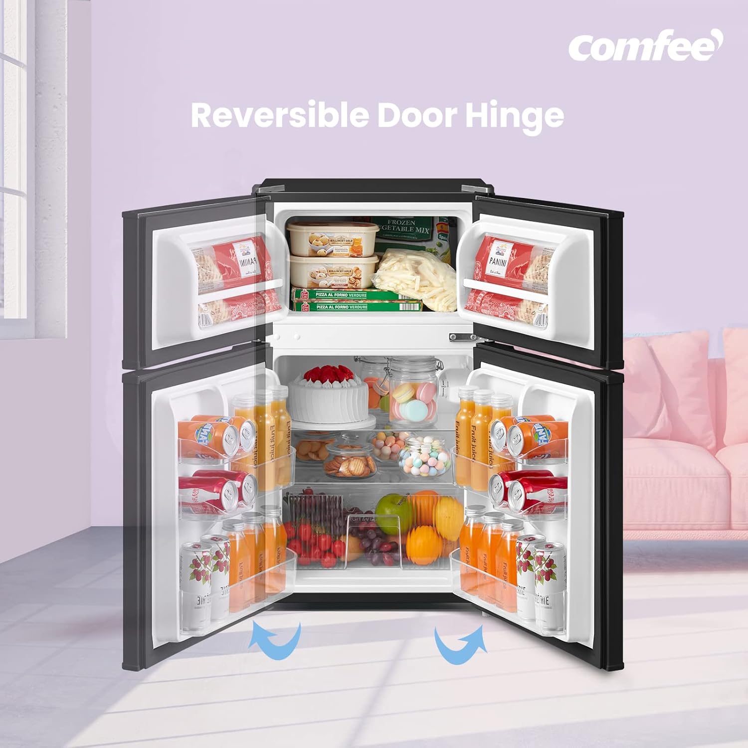 87l Mini Fridge Freezer, 2-door Refrigerator With Led Light, Shelves, Drawer & Adjustable Thermostat | Black