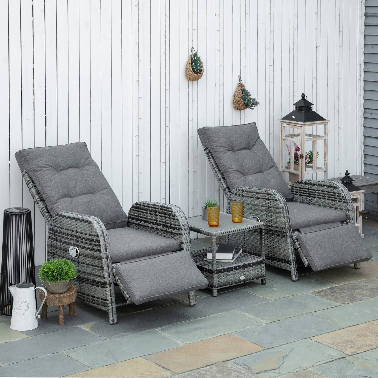 3 Pcs Patio Rattan Wicker Chaise Lounge Sofa Set W/ Cushion | Dark Gray