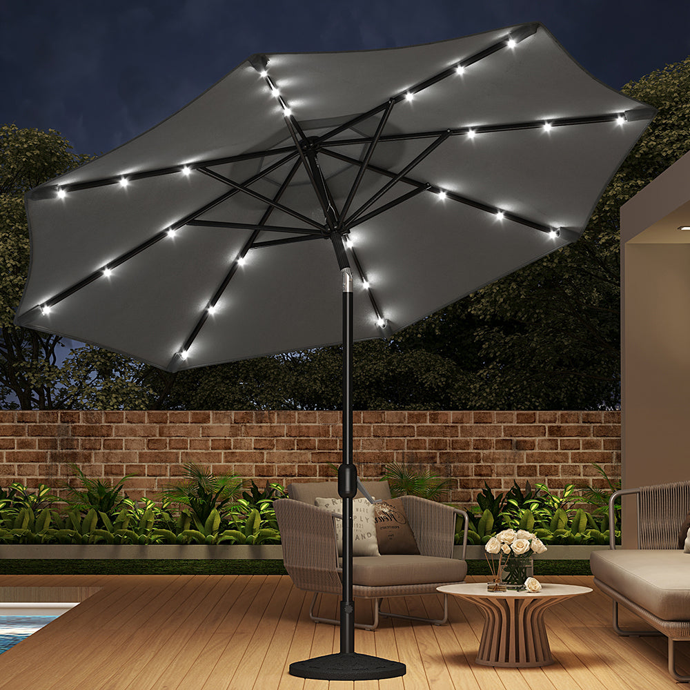 3m Outdoor Patio Parasol – Solar-powered Umbrella With 24 Led Lights, Tilt & Crank Handle, With Resin Base | One Size | Dark Grey
