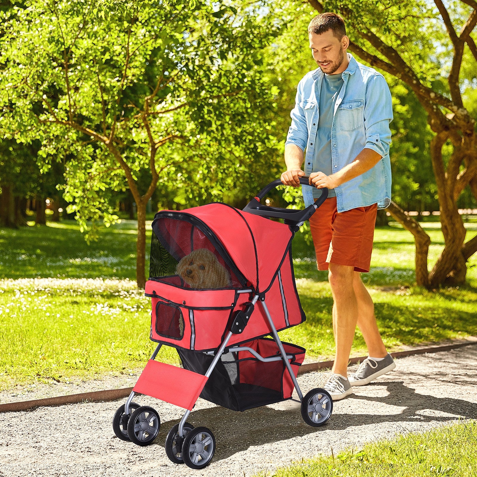 Pet Stroller Carrier Foldable Deluxe Jogger Walk Travel Dog Cat | Red