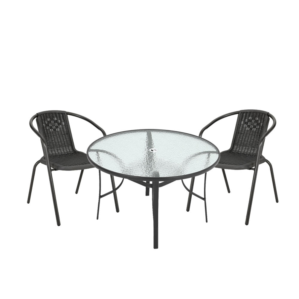 3 Pcs Bistro Set Glass Top Coffee Table And Rattan Chairs