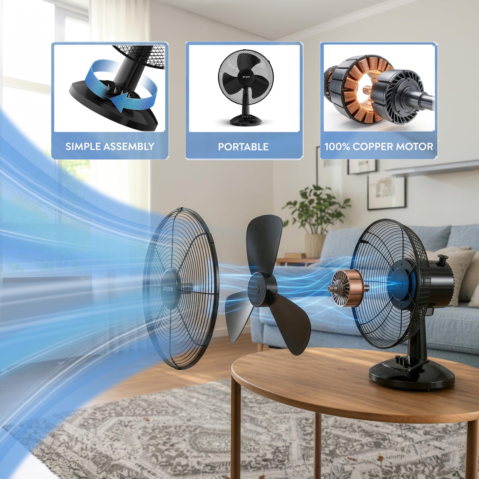 12in Desk Fan Table Tower Fan With Tilt Oscillating & 3 Speeds | Black
