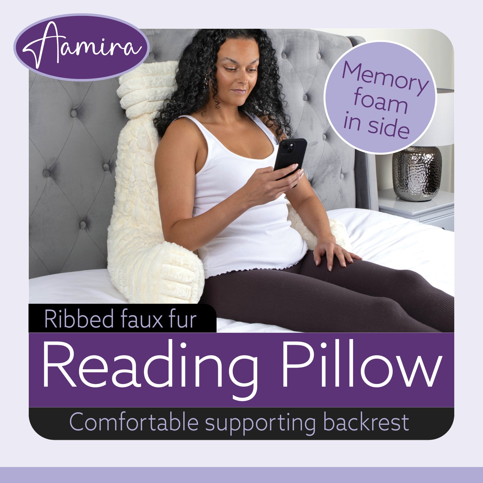 Luxurious Xl Reading Pillow Detachable Headrest, Soft Ribbed Faux Fur, Memory Foam Cuddle Cuddle Cushion Backrest | XL | Cream