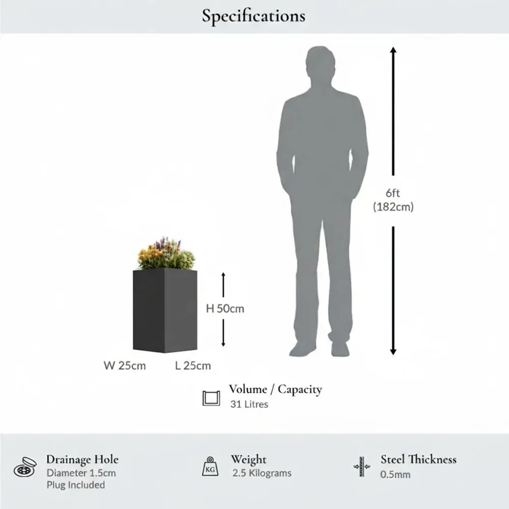 Zinc Galvanised Tall Square Planter | 25cm x 25cm x 50cm