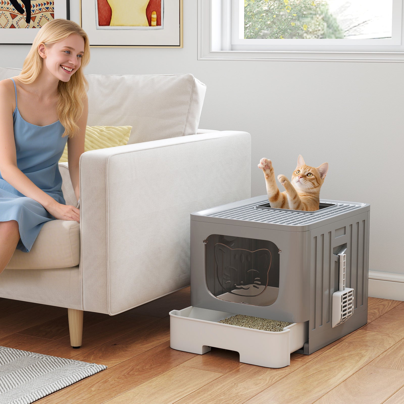 Foldable Cat Litter Box With Lid, Slide-out Drawer | Grey