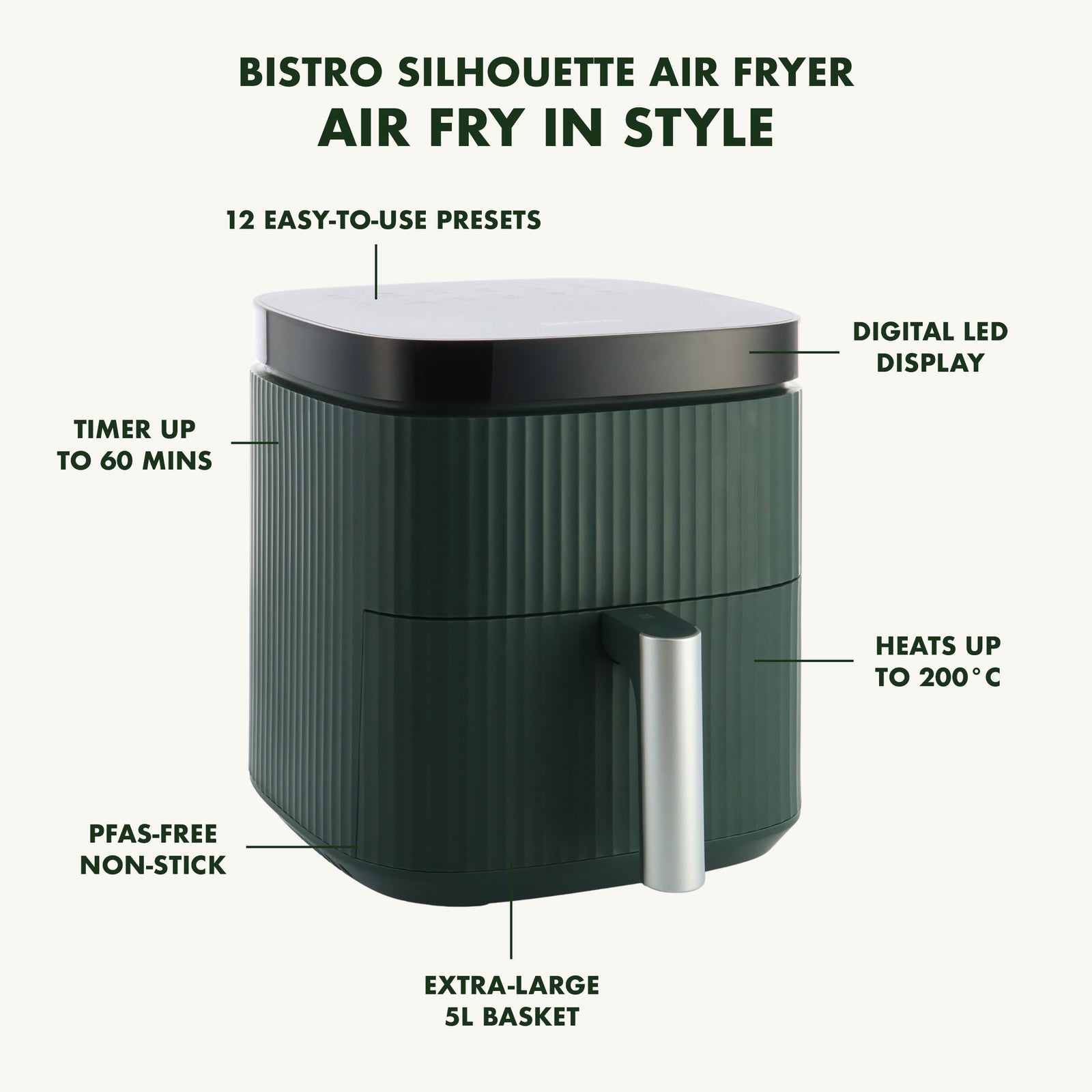 Silhouette Xl Air Fryer With 5l Capacity, Pfas-free Non-stick Coating | Green
