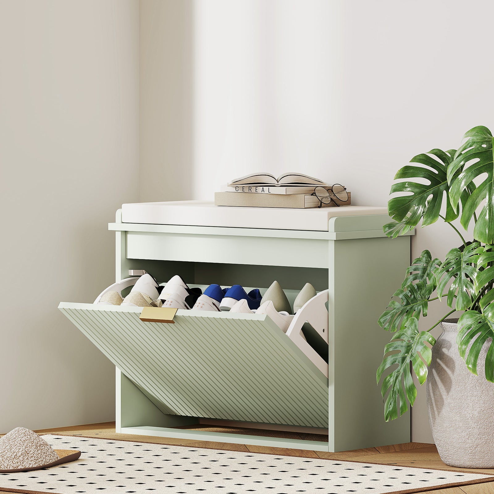 Shoe Storage Bench With Cushion And Flip-drawer | Small | Green