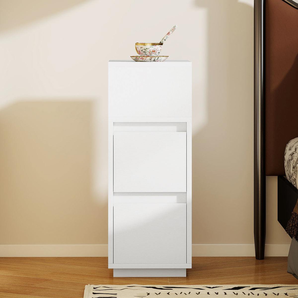 Slim Bedside Table, Bedside Cabinet With Open Shelf And 2 Drawers | White