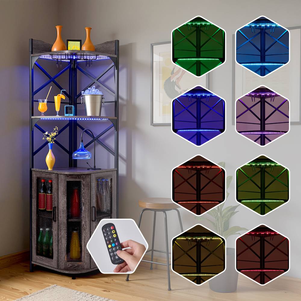 5-tier Corner Bar Cabinet With Built-in Power Outlet And Led Lights | Grey