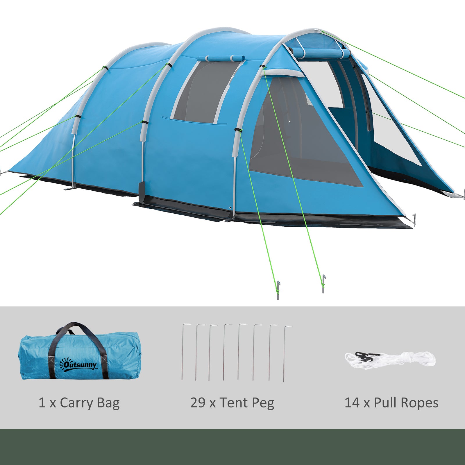 3-4 Persons Tunnel Tent, Two Room Camping Tent W/ Windows | Blue