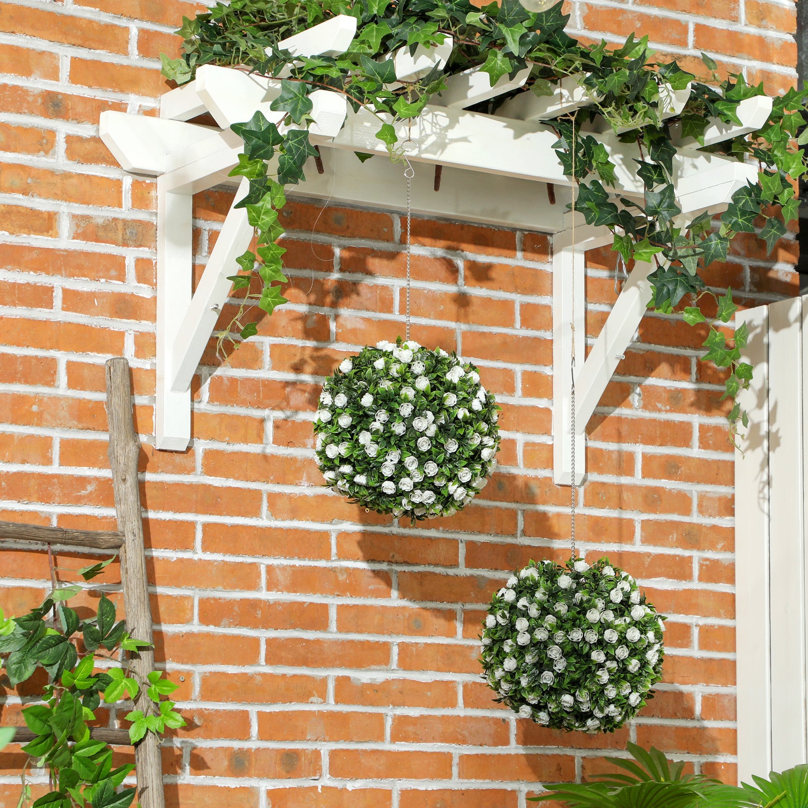 Set Of 2 Artificial Plant Topiary Rose Balls, Faux Plants | White