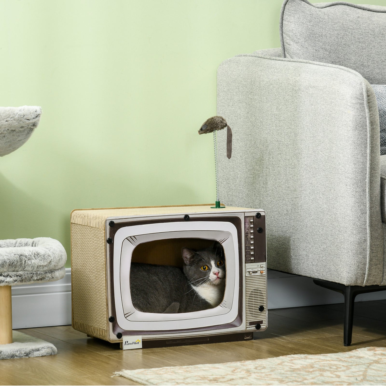 Tv-shaped Cardboard Cat House With Scratcher, Catnip, Toy Rat