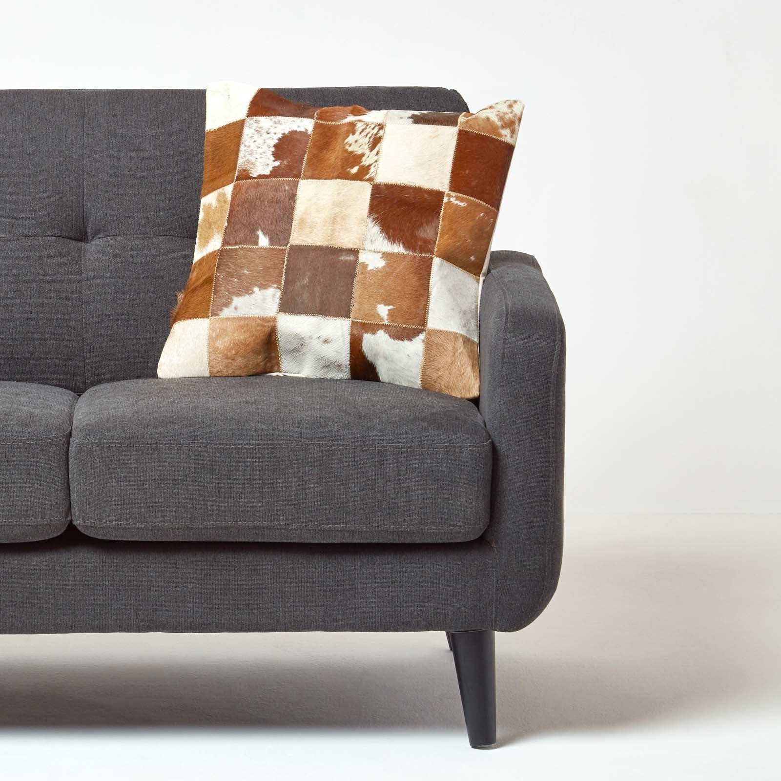 Real Leather & Goat Hair Check Cushion With Feather Filling | 45cm x 45cm | Cream