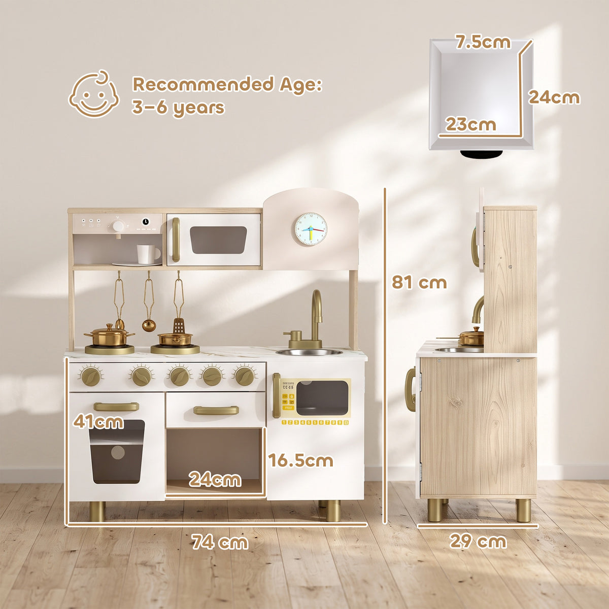 AIYAPLAY Kids Kitchen Playset With Rotating Coffee Machine For 3-6 Y, White