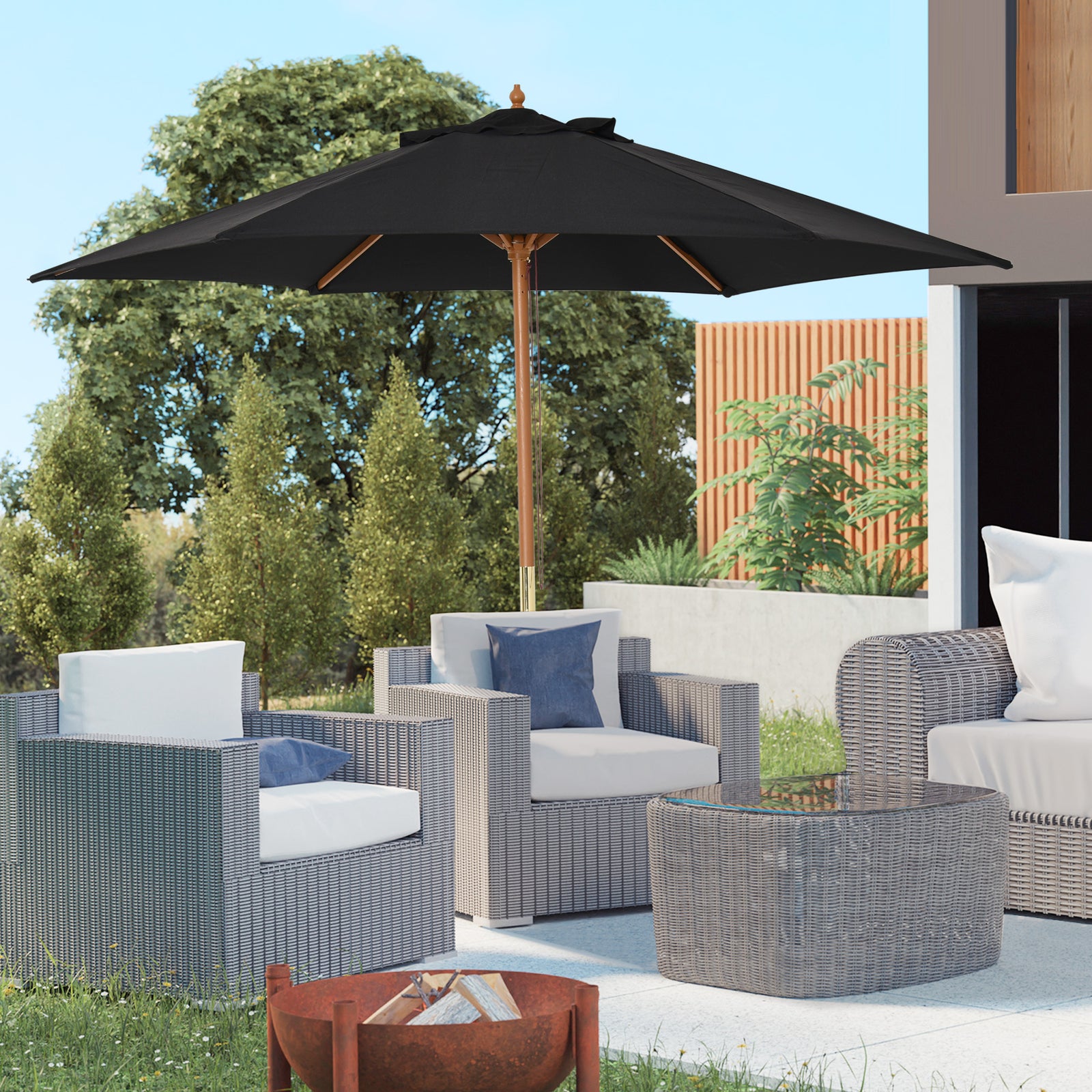 2.5m Wood Garden Parasol Sun Shade | Black