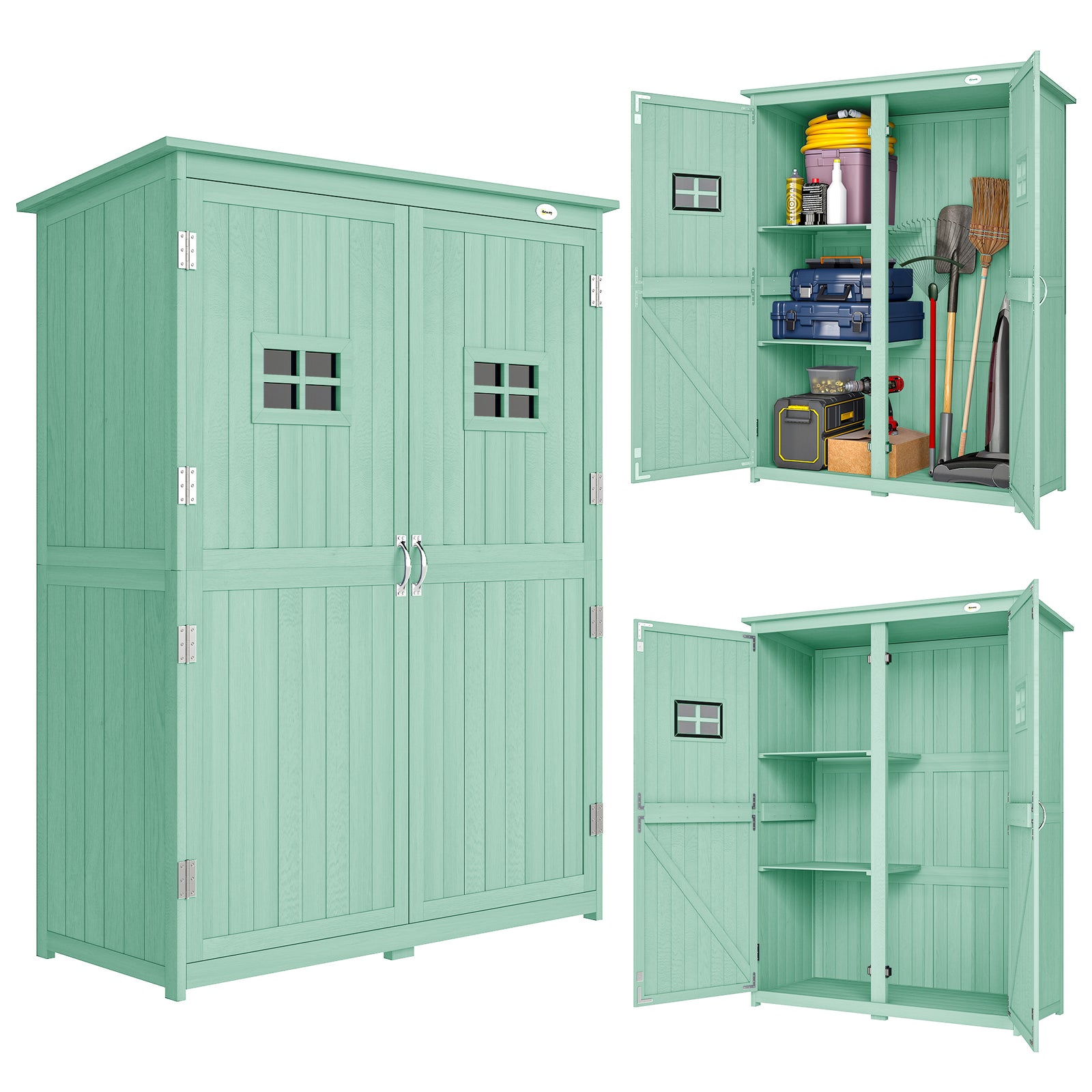 Wooden Garden Tool Storage Cabinet Double Door Shelf Green