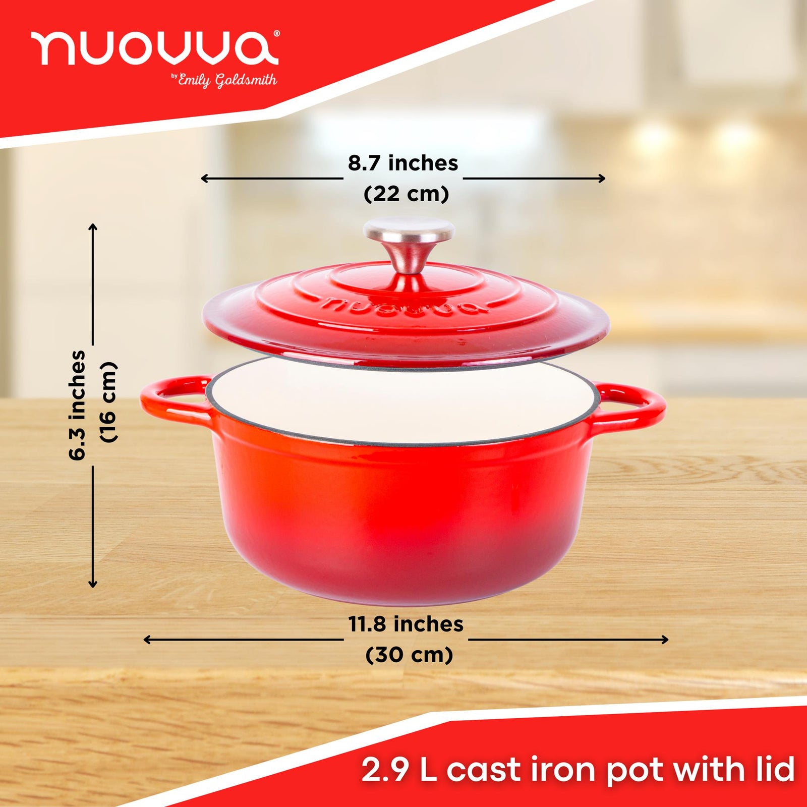Cast Iron Dutch Oven Casserole Pot With Lid - 22cm (2.9l) | Red