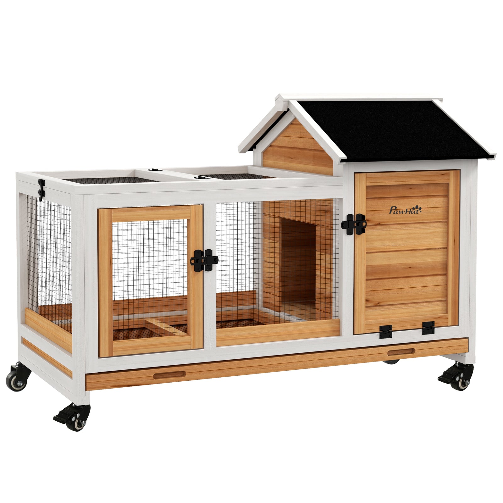 Wooden Rabbit Hutch, Small Animal  House W/ Wheels, Removable Tray | Yellow