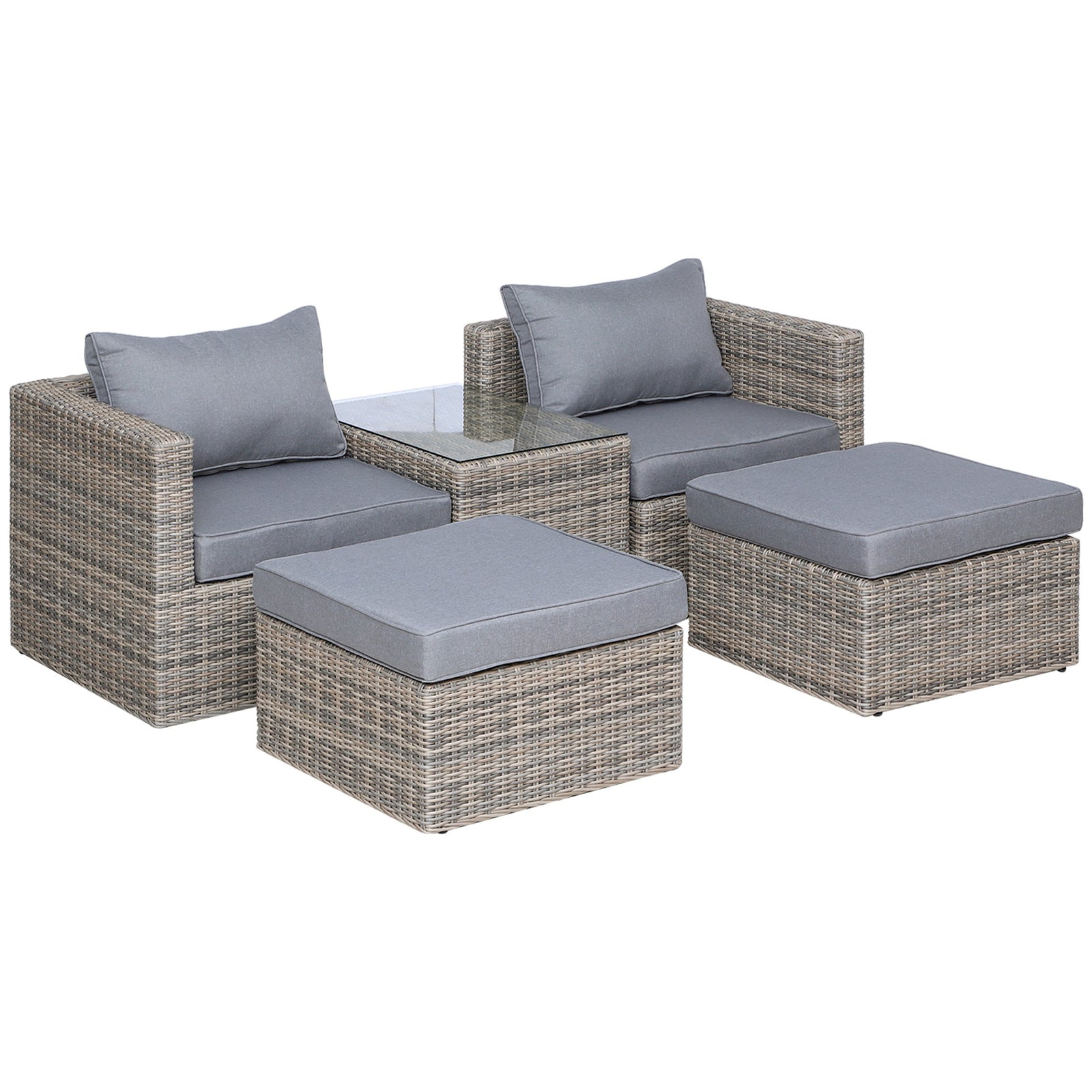 5 Pcs Pe Rattan Sofa Footstool Set Tall Glass-top Table | Brown