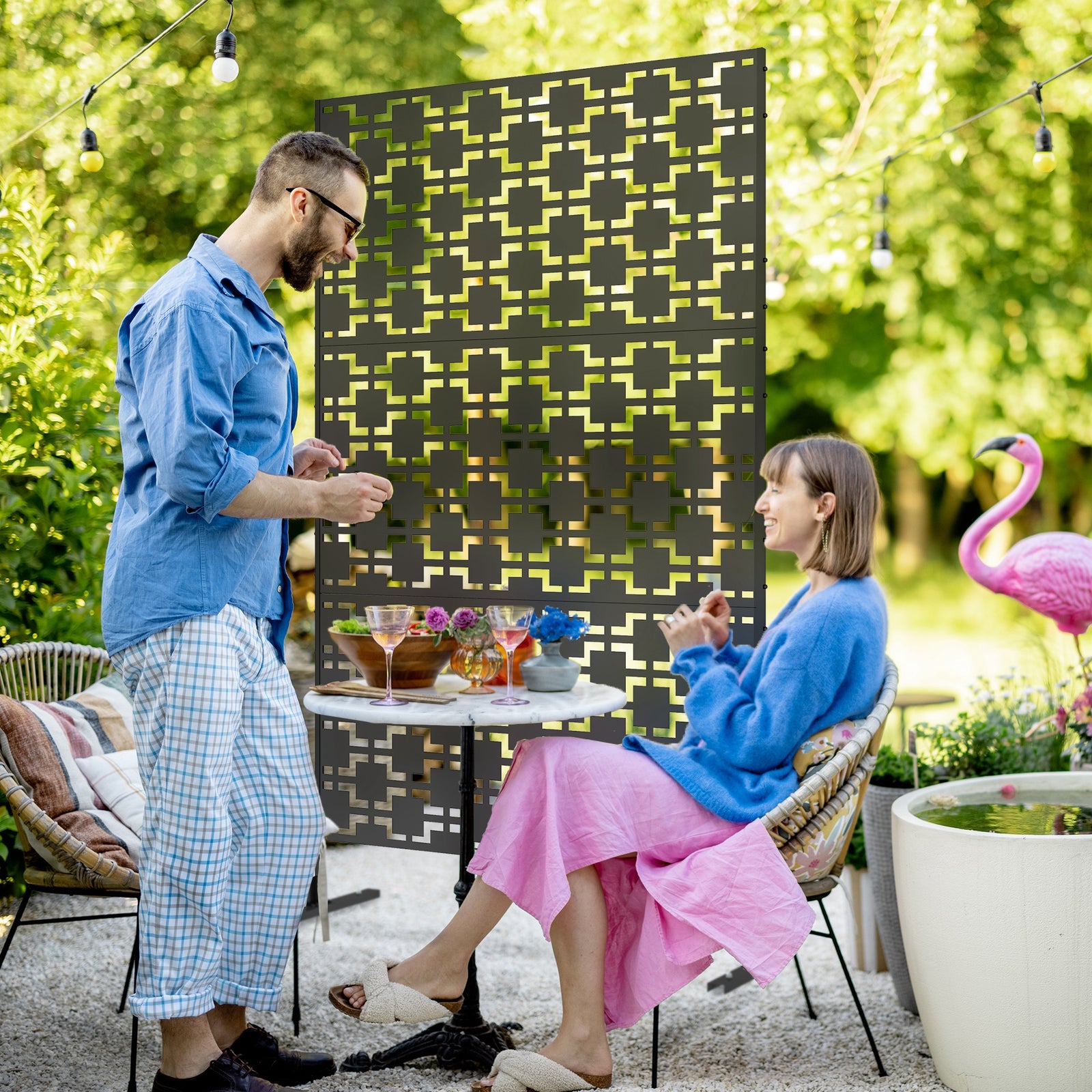 6.5ft Metal Privacy Screen W/ Stand, Grid Style