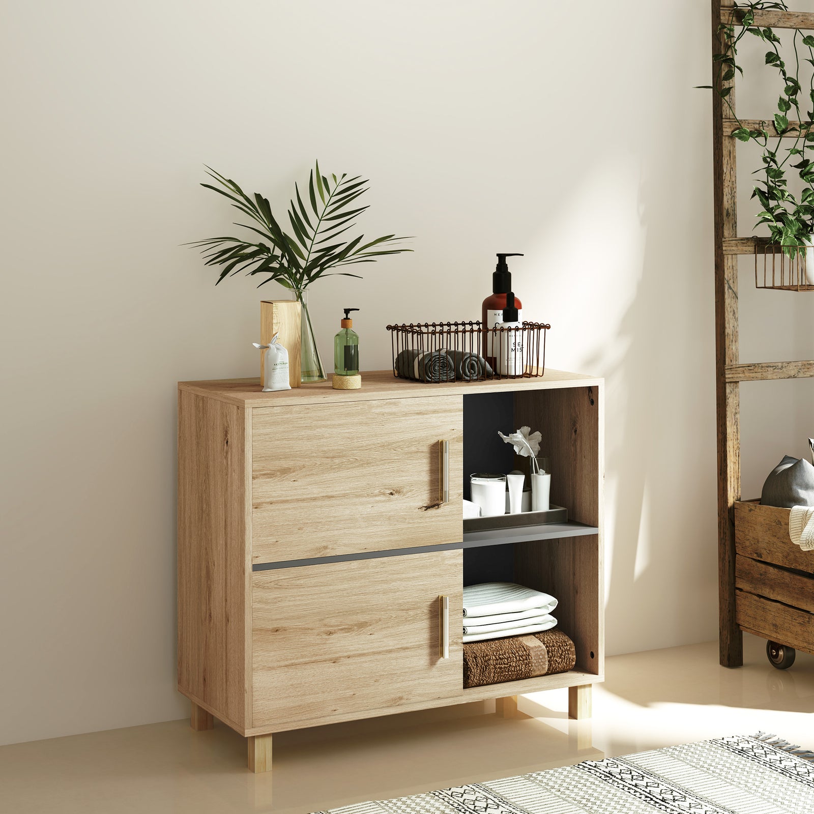 Bathroom Storage Cabinet With Open Compartments
