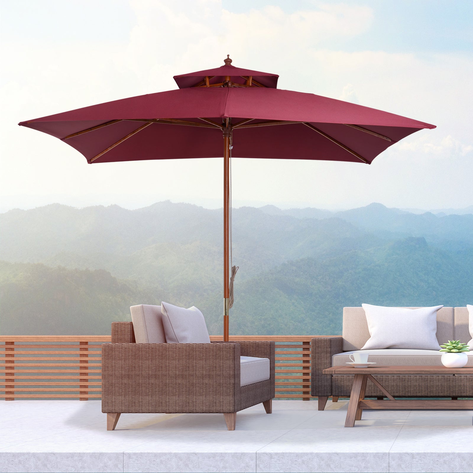 3x3m Folding Bamboo Parasol With 2 Pulley | Red
