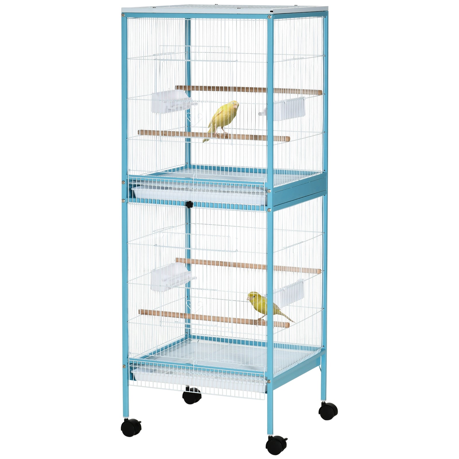 2 In 1 Large Bird Cage Aviary With Wheels, Slide-out Trays Wood Perches