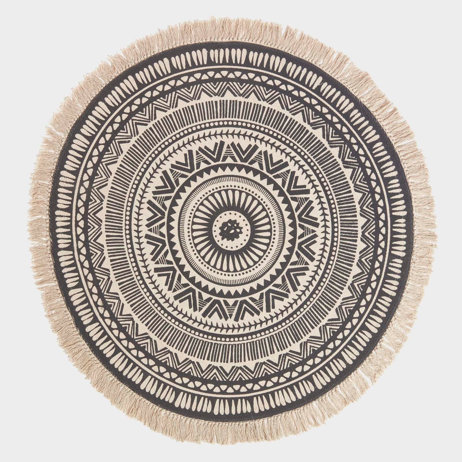 Mandala Printed 100% Cotton Round Rug | 140cm | Black & White
