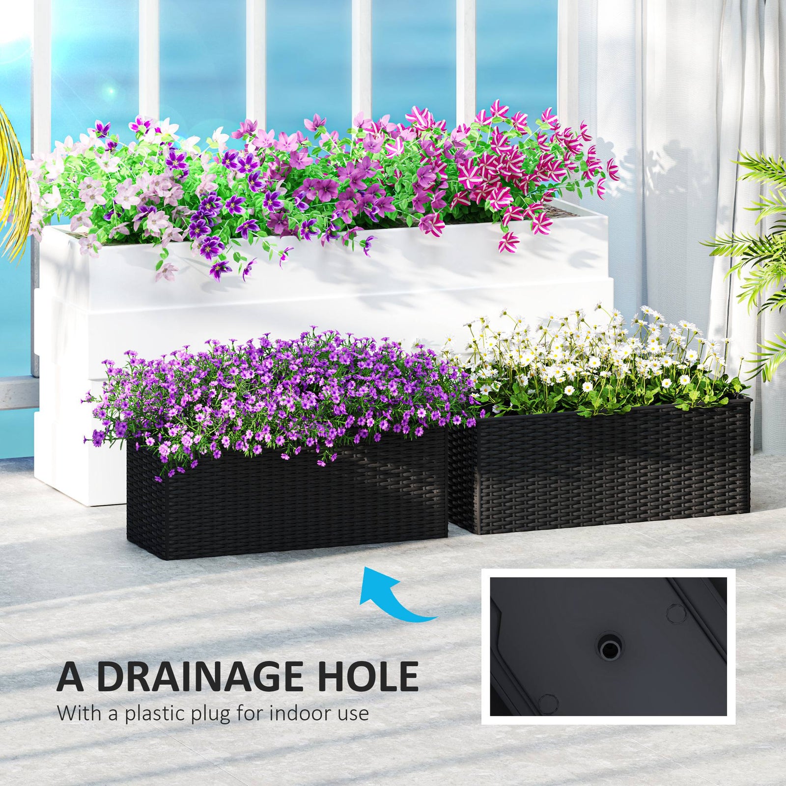 Set Of 2 Hanging Flower Boxes, 50 Cm Long, Rattan Look | Black