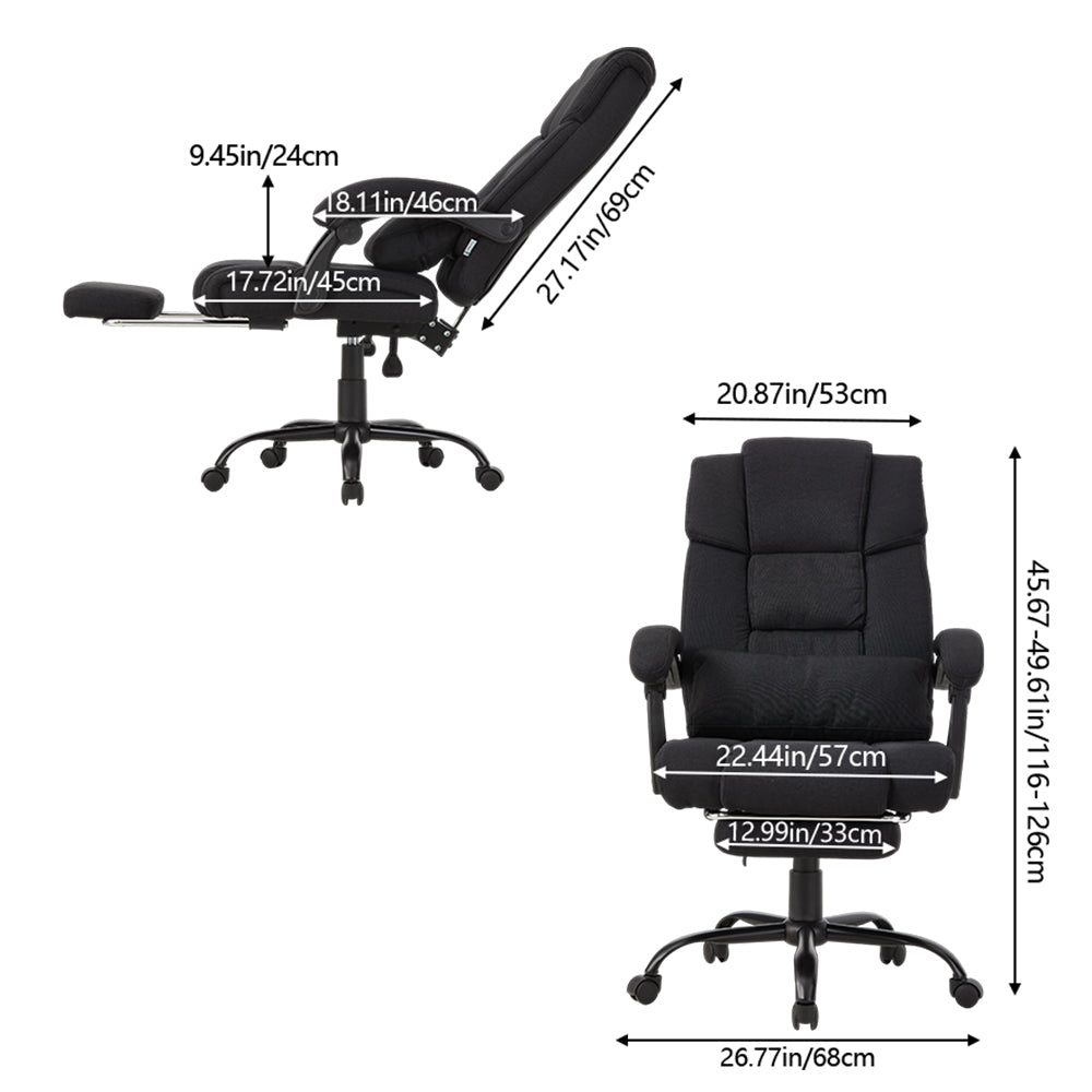 Ergonomic Black Linen Office Chair – High Back, Recline 135°, Built-in Footrest, Adjustable Height, 360° Swivel